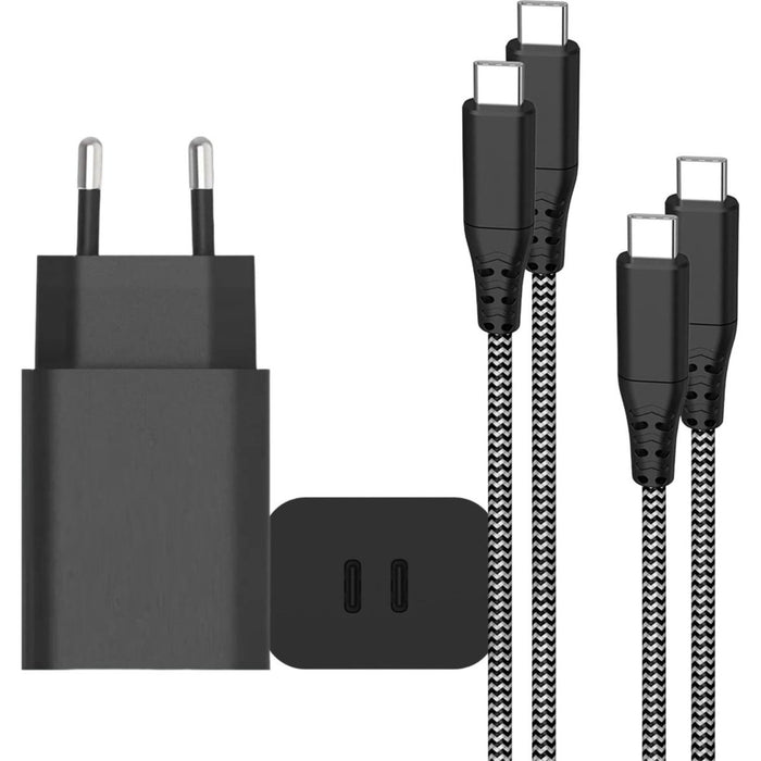 2 Poorten USB-C Oplaadstekker voor Samsung + 2x USB-C Kabel 3 Meter - Extra Lange Oplaadkabel - Super Fast Charge Oplader - Snellader - 2 Poorten USB C - Gecertificeerd - Geschikt voor Smartphone, Tablet, Laptop, SmartWatch - Phreeze