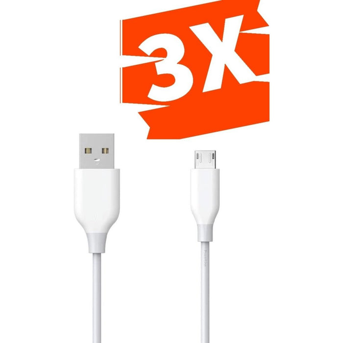 3-PACK Micro-USB Datakabel, Laadkabel - Snellader Kabel - Fast en Quick Charge Oplaadkabel - Micro USB Naar USB-A - Oplaadsnoer Telefoon - JBL - Samsung - Sony - OnePlus - TPE – Wit – 1 Meter - Kabels - Phreeze