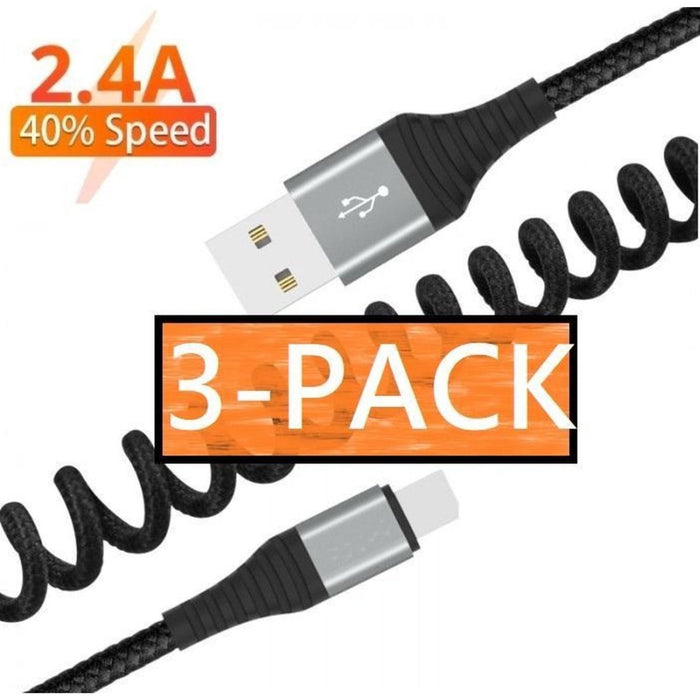 3x USB-C Data- en Laadkabel 1.5M - Uitrekbaar - Krulsnoer- 2.4A Snellader Kabel - Fast en Quick Charge Oplaadkabel - Type C Naar USB-A - Oplaadsnoer Telefoon - Laptop - Samsung Galaxy en Note - Sony - OnePlus - Gevlochten Nylon – Zwart - Kabels - Phreeze