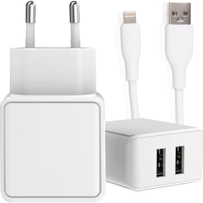 Adapter met 2 USB Poorten + USB naar Lightning Kabel - 1 Meter - Geschikt voor Apple - Oplader iPhone, iPad, Airpods, Apple Watch - 12W Snellader - Wit - Opladers - Phreeze