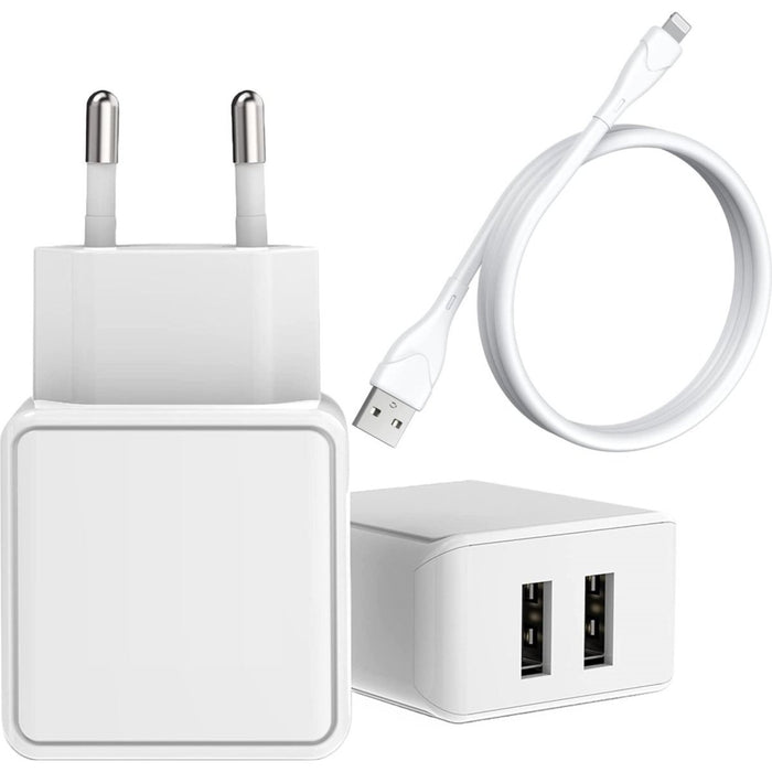 Adapter met 2 USB Poorten + USB naar Lightning Kabel - 2 Meter - Geschikt voor Apple - Oplader iPhone, iPad, Airpods, Apple Watch - 12W Snellader - Wit - Opladers - Phreeze
