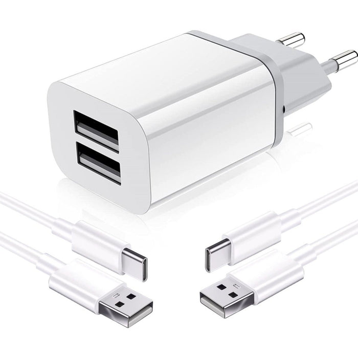 Dubbele USB Adapter met 2x Samsung Oplaadkabel -1 Meter - 2.1A Snellader - Oplader Samsung - Samsung Kabel - USB C Kabel - Geschikt voor Samsung Galaxy S-, Fold-, A- en Tab Series - Opladers - Phreeze