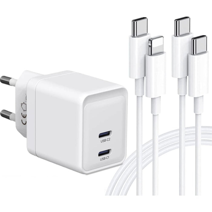 Dubbele USB-C Oplaadstekker met 2x iPhone Opladerkabel - 3 Meter - GaN Technologie - 35W Adapter USB C - Maximum Charge - Geschikt voor Apple iPhone, iPad, MacBook, Watch, Airpods - Opladers - Phreeze