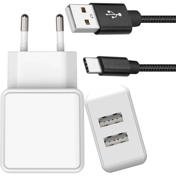Dubbele USB Oplader 12W + USB-C Kabel - 1 Meter - Nylon - Extra Sterk - Snellader - Geschikt voor Samsung S21/S20/S10/A51/A53/S22/A13/A50/S9/A52 - Opladers - Phreeze