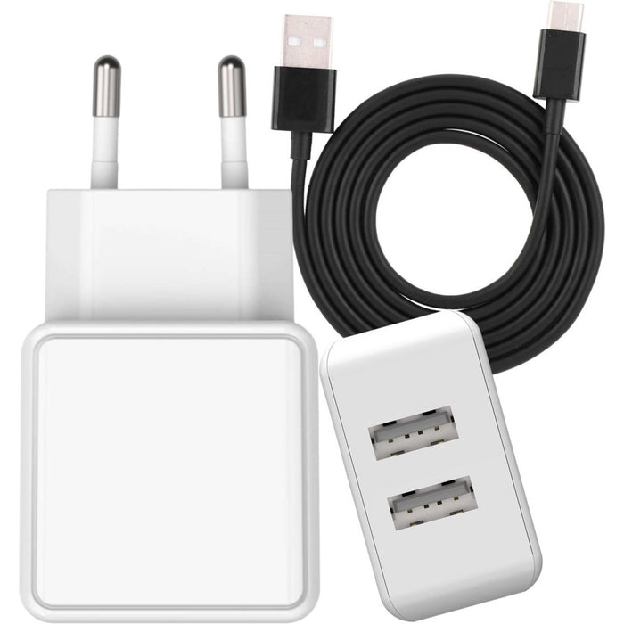 Dubbele USB Oplader 12W + USB-C Kabel - 2 Meter - Nylon - Extra Sterk - Snellader - Geschikt voor Samsung S21/S20/S10/A51/A53/S22/A13/A50/S9/A52 - Opladers - Phreeze