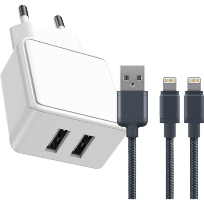 Duo USB Adapter + 2x Nylon iPhone Oplader Kabel - 1M - Dubbele USB Output - 12W Snellader - Extra Stevig - Opladers - Phreeze