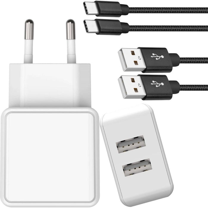 Duo USB Adapter + 2x Nylon Samsung Oplader Kabel - 2M - Dubbele USB Output - 12W Snellader - Extra Stevig - Opladers - Phreeze