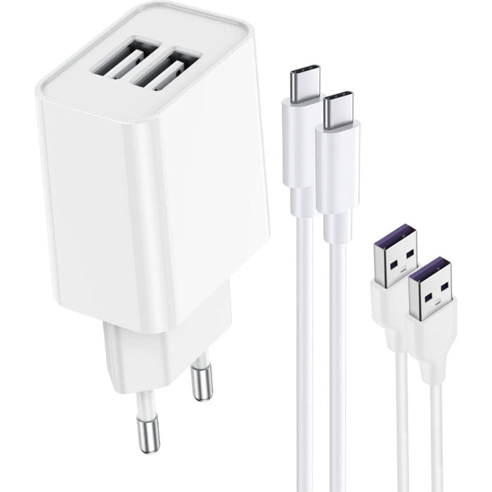 Duo USB Oplader met 2x Samsung Oplader Type C Kabel - 2 Meter - 2.1A Snellader - Samsung Adapter - USB C Kabel - Geschikt voor Samsung Galaxy S-, Fold-, A- en Tab Series - Opladers - Phreeze