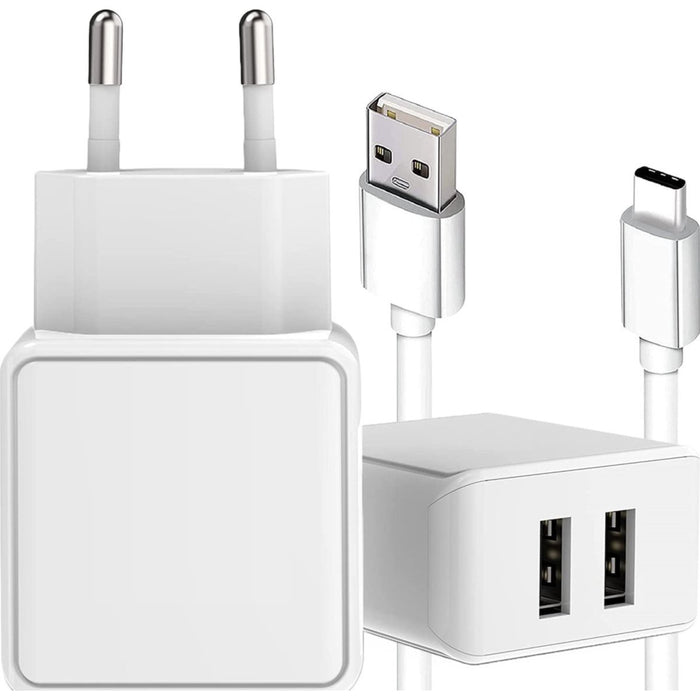 Duo USB Snellader + USB C Kabel - 1 Meter - 12W Fast Charger - Geschikt voor Samsung Galaxy A-series, S-series, Note-series, Galaxy Tab Series - Opladers - Phreeze