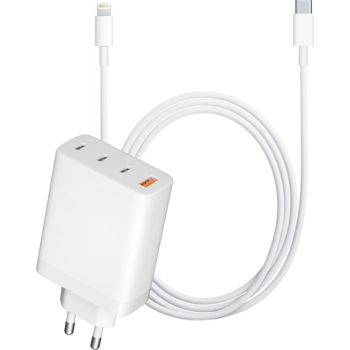 GaN Snellader + Apple Lightning Kabel 2 Meter - 65W - 3x USB-C Poorten en 1x USB-A Poort - Geschikt voor Apple MacBook Air, MacBook Pro, iPad 2022, iPad Air, iPhone 14 en ouder - Opladers - Phreeze
