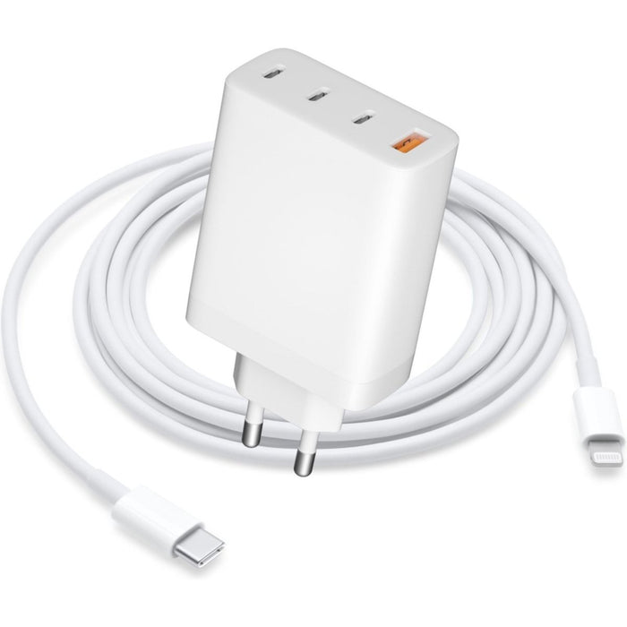 GaN Snellader + Apple Lightning Kabel 3 Meter - 65W - 3x USB-C Poorten en 1x USB-A Poort - Geschikt voor Apple MacBook Air, MacBook Pro, iPad 2022, iPad Air, iPhone 14 en ouder - Opladers - Phreeze