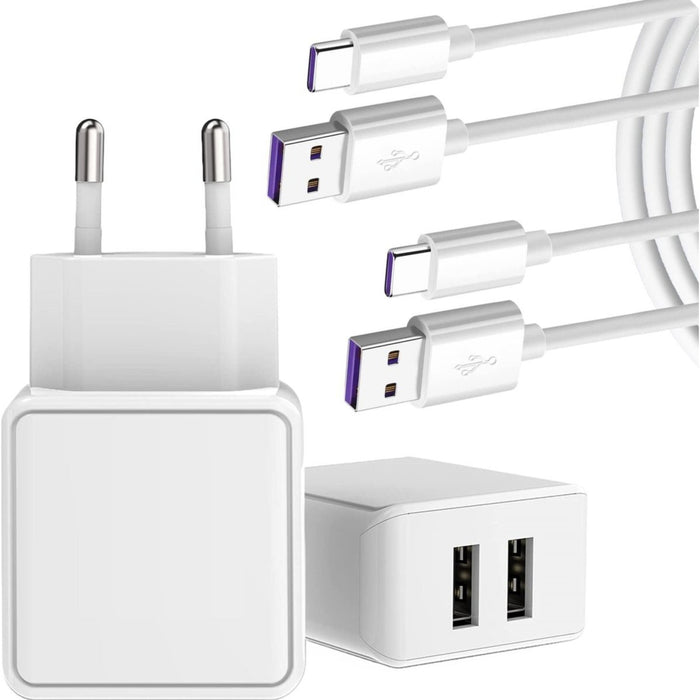 Gecertificeerde Dubbele USB Adapter + 2x Samsung Oplader Kabel - 1 Meter -12W Snellader - Geschikt voor Samsung, HTC, Nokia, Android, Sony - Opladers - Phreeze