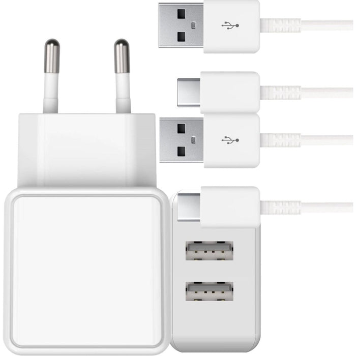 Gecertificeerde Dubbele USB Adapter + 2x Samsung Oplader Kabel - 2 Meter -12W Snellader - Geschikt voor Samsung, HTC, Nokia, Android, Sony - Opladers - Phreeze