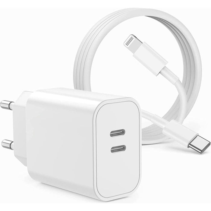 Gecertificeerde Snellader met 2 USB-C Poorten + iPhone Opladerkabel - 1 Meter - GaN Technologie - 35W Power Delivery - Geschikt voor Apple Oplaadstekker - 20W, 25W, 30W, 35W Dynamische Allocatie - Voor iPhone, iPad, Macbook, Apple Watch, Airpods Pro - Opladers - Phreeze