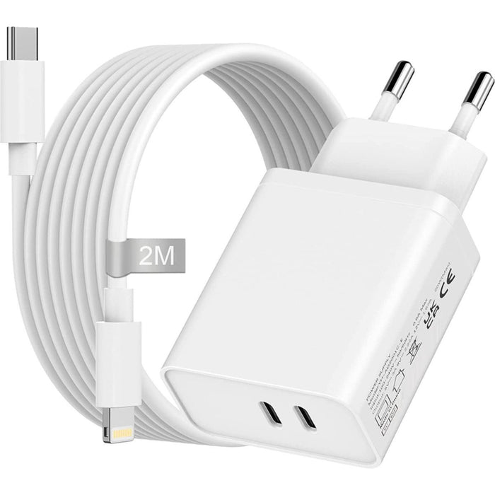 Gecertificeerde Snellader met 2 USB-C Poorten + iPhone Opladerkabel - 2 Meter - GaN Technologie - 35W Power Delivery - Geschikt voor Apple Oplaadstekker - 20W, 25W, 30W, 35W Dynamische Allocatie - Voor iPhone, iPad, Macbook, Apple Watch, Airpods Pro - Opladers - Phreeze