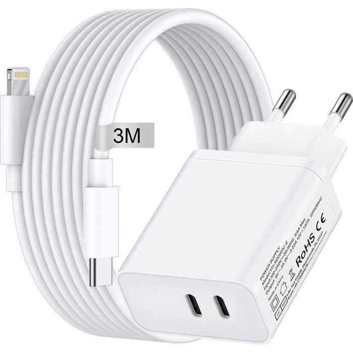 Gecertificeerde Snellader met 2 USB-C Poorten + iPhone Opladerkabel - 3 Meter - GaN Technologie - 35W Power Delivery - Geschikt voor Apple Oplaadstekker - 20W, 25W, 30W, 35W Dynamische Allocatie - Voor iPhone, iPad, Macbook, Apple Watch, Airpods Pro - Opladers - Phreeze