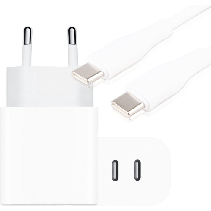 Gecertificeerde Snellader met 2 USB-C Poorten + Samsung Opladerkabel - 1 Meter - GaN Technologie - Geschikt voor Samsung Oplaadstekker - 20W, 25W, 30W, 35W Dynamische Allocatie - Voor Macbook, Tablet, Google, HTC, Sony, Pixel, Samsung Galaxy, Android - Opladers - Phreeze