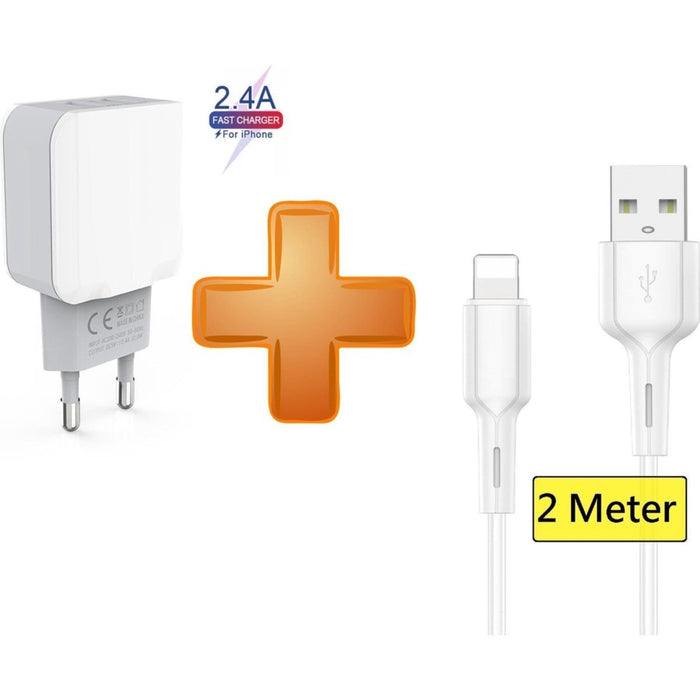 Gecertificeerde USB Lader Stekker Oplader met Oplaadkabel Apple iPhone 12 /11 / X / iPhone 8 / iPhone SE /iPhone 7/ iPad Pro 10.5 / 9.7 / iPad 2017 - 2 Meter - Opladers - Phreeze