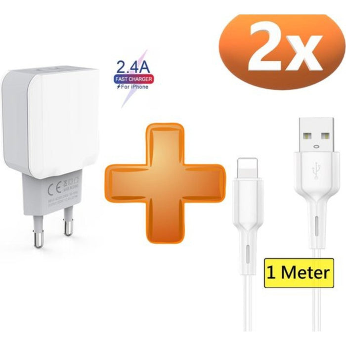 Gecertificeerde USB Lader Stekker Oplader + Oplaadkabel Apple iPhone 12 /11 / X / iPhone 8 / iPhone SE /iPhone 7/ iPad Pro 10.5 / 9.7 / iPad 2017 - 2 Meter - Opladers - Phreeze