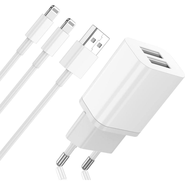 iPhone Adapter met 2 USB Poorten + 2x USB naar Lightning Kabel - 1 Meter - Geschikt voor Apple - Oplader iPhone, iPad, Airpods, Apple Watch - 12W Snellader - Wit