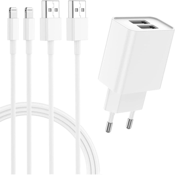 iPhone Adapter met 2 USB Poorten + 2x USB naar Lightning Kabel - 2 Meter - Geschikt voor Apple - Oplader iPhone, iPad, Airpods, Apple Watch - 12W Snellader - Wit