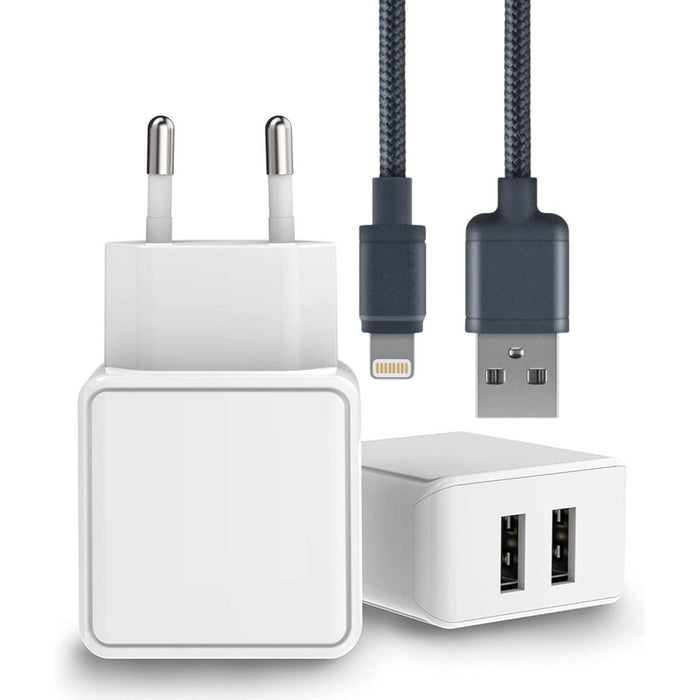 iPhone Oplader 12W + Lightning Kabel - 2 Meter - Nylon - Extra Sterk - Snellader - Geschikt voor Apple iPhone 6,7,8,SE,X,Xr,Xs,11,12,13,14 en iPad Air 1/2, 2017/2018, 10.2
