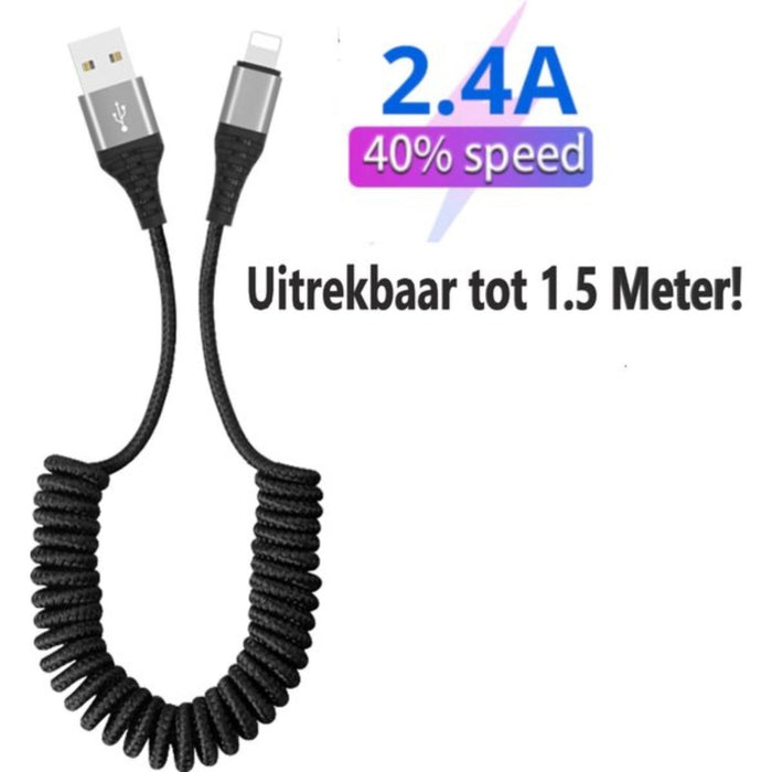 iPhone oplader kabel - 1.5M | Uitrekbaar | Krulsnoer - geschikt voor Apple iPhone 6,7,8,X,XS,XR,11,12,Mini,Pro Max - iPhone kabel - iPhone oplaadkabel - iPhone snoertje - iPhone lader