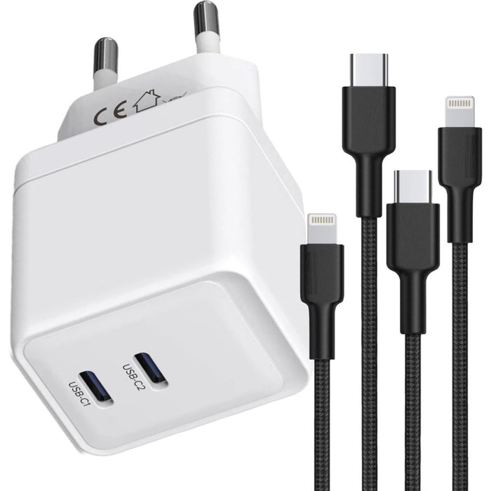 iPhone Snellader met 2x USB-C Poorten + 2x Stevige USB C Lightning Kabel 1 Meter - GaN Technologie - 35W Super Fast Charger - Geschikt voor Apple Macbook Air, iPhone, iPad, Airpods - Oplader - Oplaadstekker