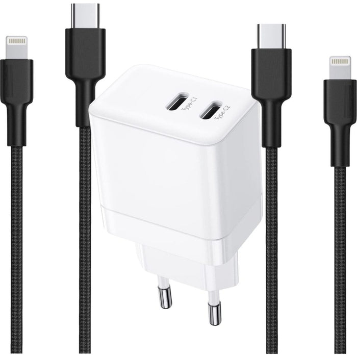 iPhone Snellader met 2x USB-C Poorten + 2x Stevige USB C Lightning Kabel 2 Meter - GaN Technologie - 35W Super Fast Charger - Geschikt voor Apple Macbook Air, iPhone, iPad, Airpods - Oplader - Oplaadstekker