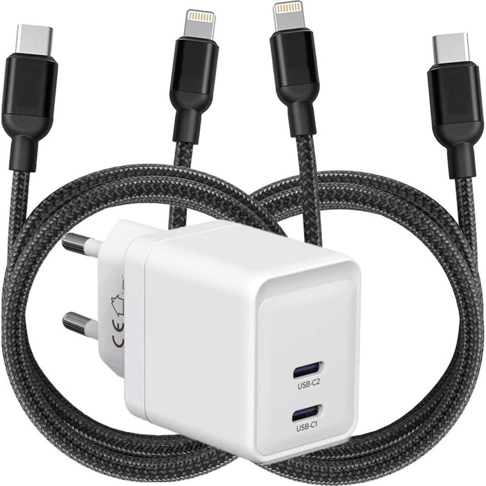 iPhone Snellader met 2x USB-C Poorten + 2x Stevige USB C Lightning Kabel 3 Meter - GaN Technologie - 35W Super Fast Charger - Geschikt voor Apple Macbook Air, iPhone, iPad, Airpods - Oplader - Oplaadstekker