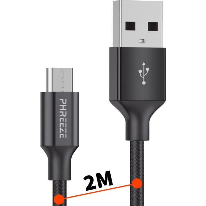 Micro USB kabel 2 Meter | USB A naar Micro-USB Kabel | Nylon Gevlochten | Quick en Fast Charge | 2.4A Snellaadkabel | Zwart | 2 meter | Phreeze