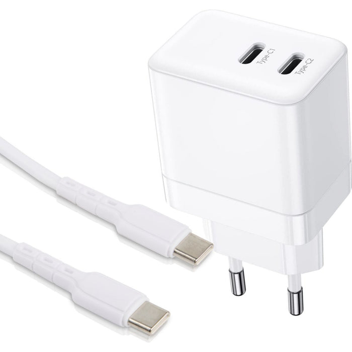 Next-Gen Dubbele USB C Snellader + USB-C Kabel - 1 Meter - 35W GaN Technologie - Oplader Geschikt voor Macbook Air, ChromeBook, Google Pixel 6/7, Samsung Galaxy S23/S22/S21/S20 FE/Plus/Ultra, Tablet