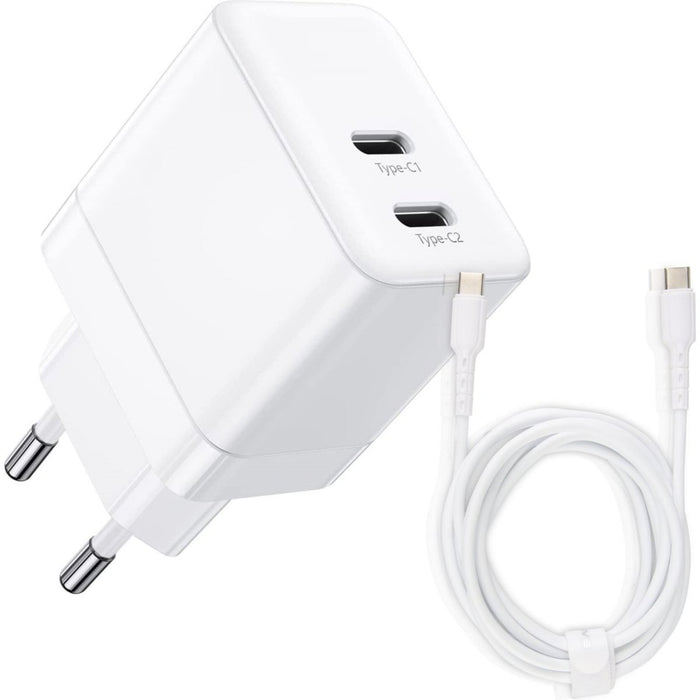 Next-Gen Dubbele USB C Snellader + USB-C Kabel - 2 Meter - 35W GaN Technologie - Oplader Geschikt voor Macbook Air, ChromeBook, Google Pixel 6/7, Samsung Galaxy S23/S22/S21/S20 FE/Plus/Ultra, Tablet