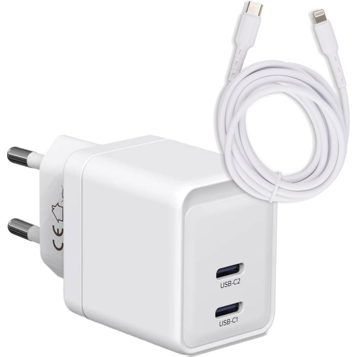 Next-Gen Dubbele USB C Snellader + USB-C Lightning Kabel - 1 Meter - GaN Technologie - Oplader Geschikt voor Apple iPhone, MacBook Air, iPad (Air en Pro), Apple Watch Ultra, AirPods Pro