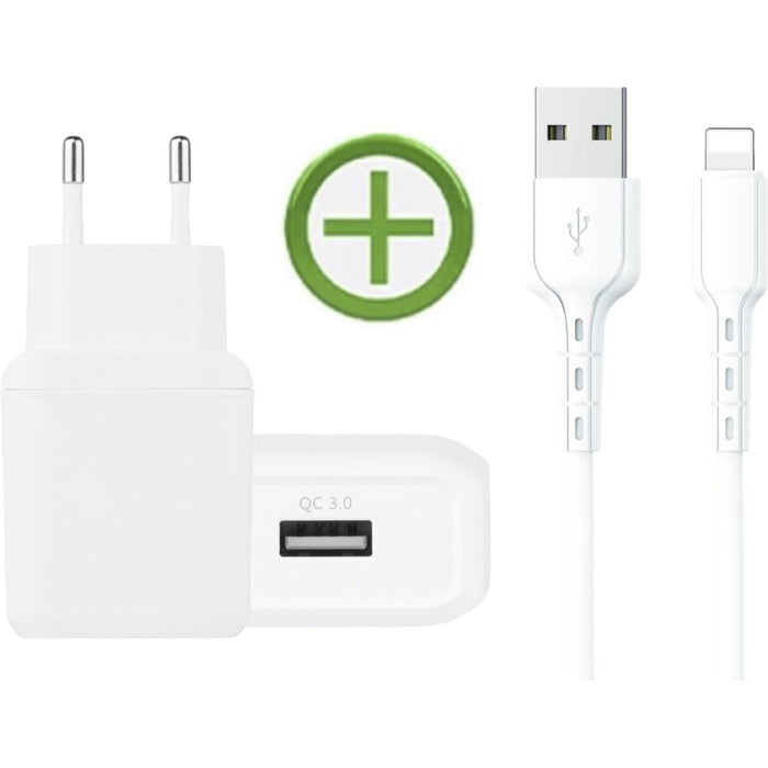 Oplader iPhone / iPad met Quick Charge + USB naar Apple Lightning Kabel - Wit - Geschikt voor Apple iPhone 5/6/7/8/SE/X/XR/XS/11/12 - iPhone Oplader Kabel - iPhone Kabel - iPhone Oplaadstekker met Kabel - iPhone Adapter - USB Stekker - iPhone stekker