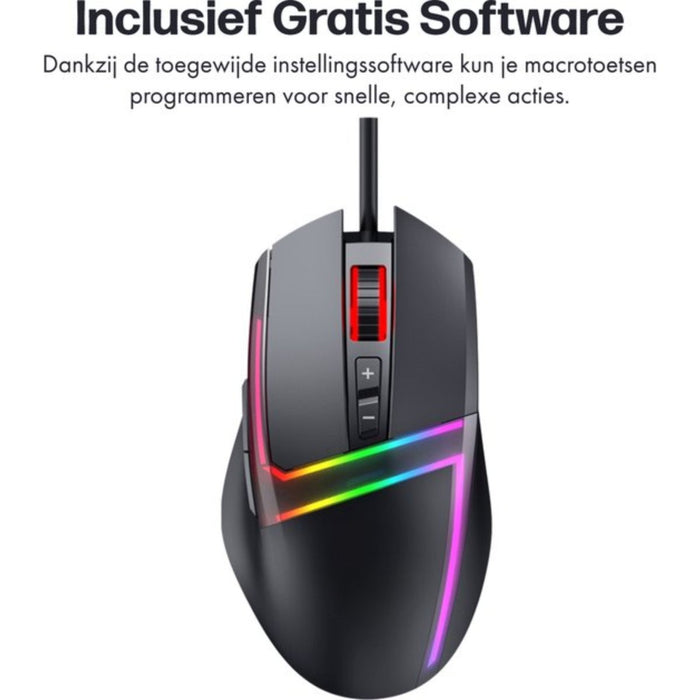 Phreeze Bedrade Gaming Muis - 10000 DPI - RGB Verlichting - Macro Knoppen - 7 Knoppen - MMO/MOBA/FPS - Zwart - Computer - Phreeze