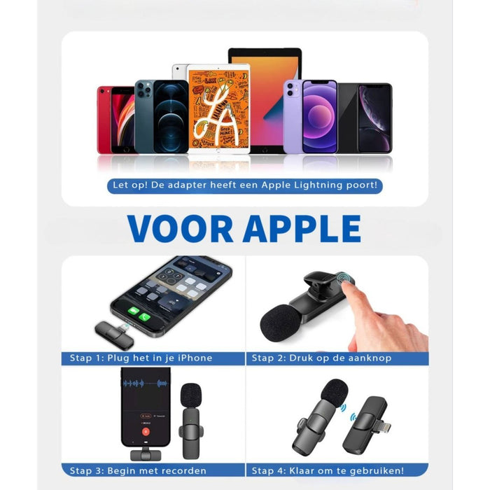 Phreeze Draadloze Microfoon voor Apple - Apple Lightning Connector - Mini Microfoon - Dasspeld - Geschikt voor iPhone 14/13/12/11/X/8/SE en iPad 2017 t/m 2022 - Audio & Video - Phreeze