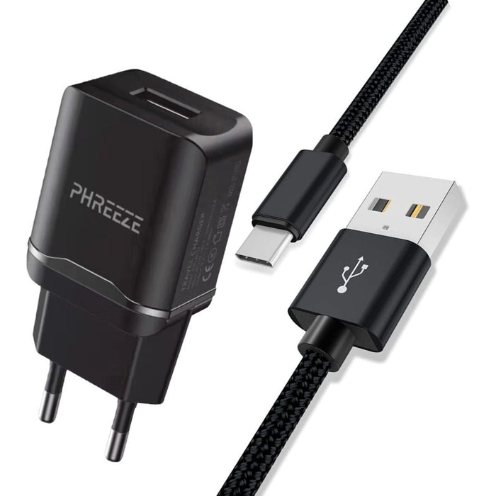 Phreeze® Gecertificeerde USB Stekker + USB-C Kabel 1 Meter - 2.1A Fast Charge - Geschikt voor Powerbank, Kolfapparaat, Draadloze Oortjes, Smartwatch, Smart camera