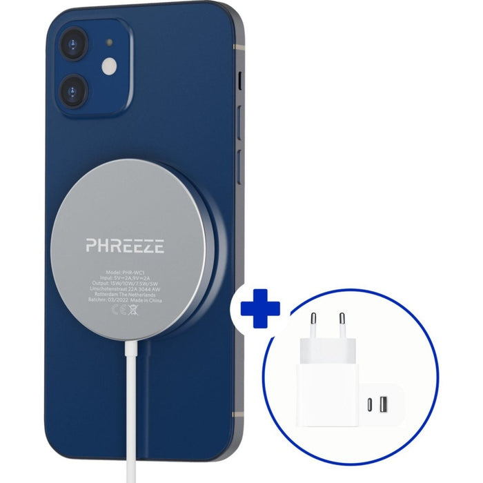 Phreeze Magnetisch en Draadloze Oplader 15W + USB-C Power Adapter - Wit - iPhone Snellader - Fast Charger iPhone - Draadloze Qi Snellader geschikt voor magneetfunctie voor iPhone 12 & 13 series