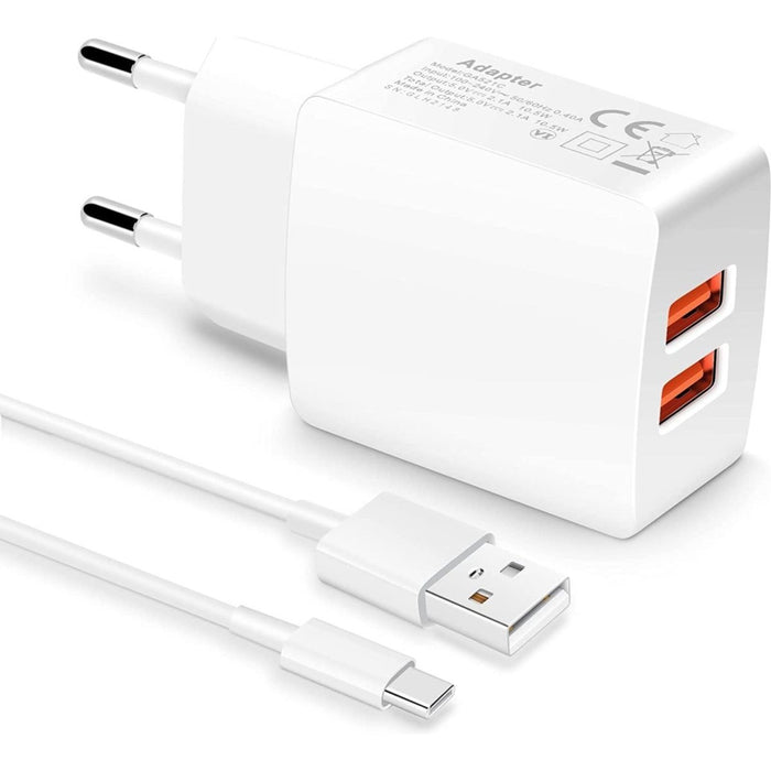 Phreeze PHR-AC54 12W USB Stekker met 2 Poorten + USB C Kabel - 1 Meter - Opladerkabel Samsung - Adapter voor Samsung Galaxy , Tablet , Watch, Oordopjes
