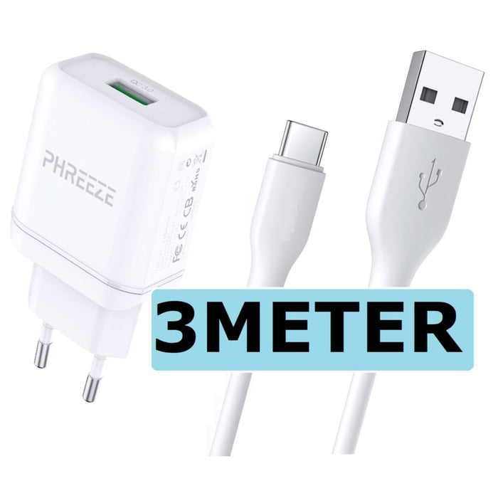 Phreeze Snellader Adapter voor Samsung met USB-C Laadkabel 3 Meter Oplaadsnoer Oplader Kabel - Universele USB Adapter met Snellaadfunctie HTC/OPPO/Xiaomi/Nokia/OnePlus/Tablet - Oplaadblokje - USB Stekker - Thuislader - Wandlader - PowerPort