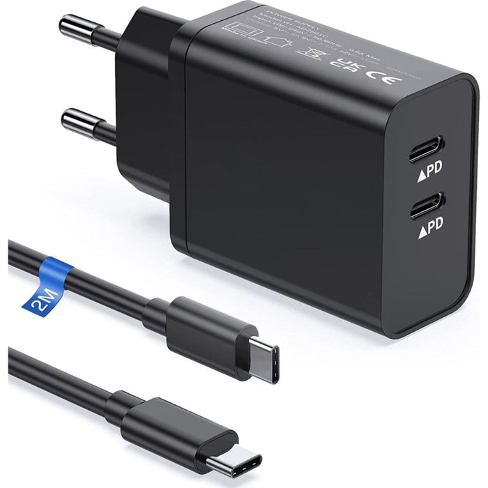 Phreeze Snelle Dubbele USB-C Oplader + 2 Meter Gevlochten Kabel - 35W GaN Technologie - Geschikt voor Samsung Galaxy A54, S23, Tab A8 2022 en meer - Zwart - Phreeze