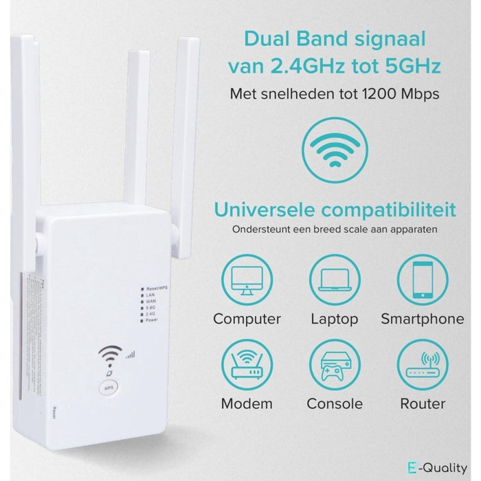 Phreeze Super WiFi Repeater - 1200 Mbps - WPS Knop - Beste WiFi Versterker 2023 - WiFi Extender - WiFi Booster - Geschikt voor 2.4 Ghz en 5.0 Ghz - Geschikt voor KPN, TP Link, Experia, Fritz, Zyxel, Devolo - Gadgets - Phreeze