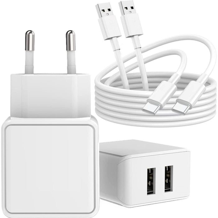 Phreeze USB Stekker met 2 Poorten + 2x USB naar USB-C Kabel - 2 Meter - Samsung Oplader - Adapter voor Samsung, HTC, Nokia, Sony, Android - PHR-AC54 Snellader
