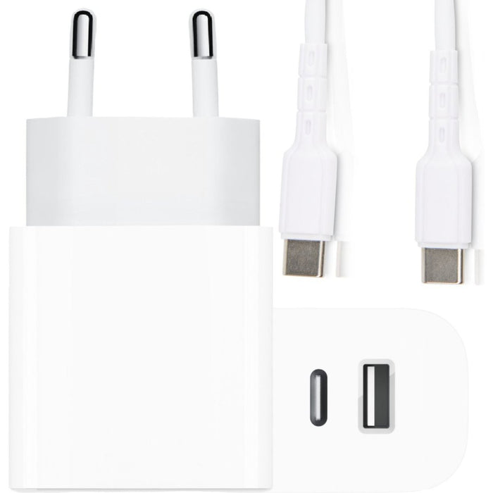 Power Duo Adapter met USB-C Premium Kabel 2 Meter - USB-C en USB-A Snellader - Power Delivery 3.0 + Quick Charge