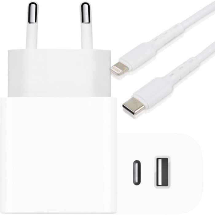 Power Oplader USB C Adapter en USB A + USB-C Lightning iPhone Oplader Kabel 2 Meter - 20W USB-C en 18W USB-A Snellader - Oplaadstekker - Snellader iPhone 11/12/13 - iPad oplader - Samsung oplader - Universeel