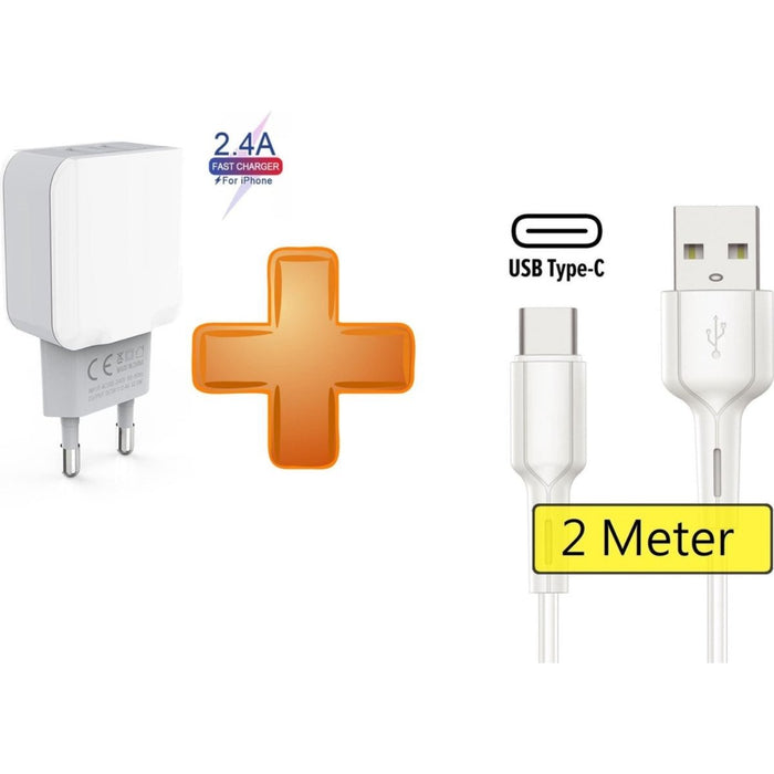 PowerPort 24W Thuislader met USB-C Kabel - Oplader Stekker Adapter met 2 USB Poorten - Geschikt voor Samsung Galaxy A10/A11/A12/A21s/A51/A52 A52s/Watch/S21/S21FE/S21 Ultra