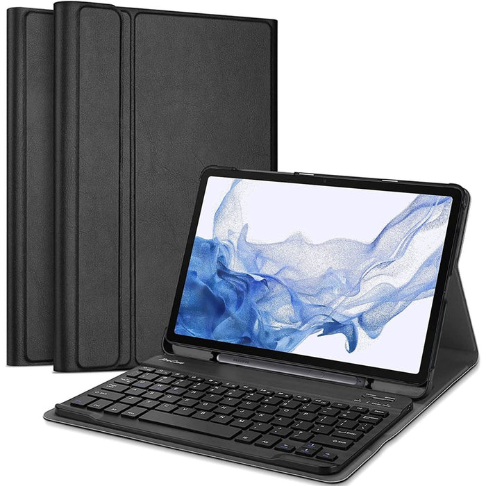 Samsung Tab S7 Plus Hoes met Toetsenbord - Leer - Keyboard case voor Samsung Galaxy Tab S7 Plus (12.4 inch) - SM-T970, SM-T976B - Tablet Hoesje met Toetsenbord - Zwart - Bluetooth Toetsenbord Tablet - Samsung Toetsenbord