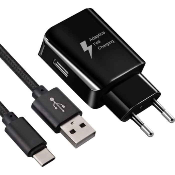 Snellader + Gevlochten USB C Kabel 2 Meter - Samsung 15W Snellaadfunctie - Gecertificeerde USB Adapter + USB-C Oplader - Zwart