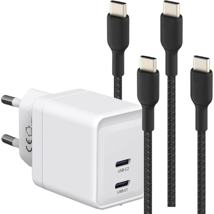 Snellader met 2x USB-C Poorten + 2x Stevige USB C Kabel 1 Meter - GaN Technologie - 35W Super Fast Charger - Geschikt voor Apple Macbook Air, ChromeBook, Samsung Galaxy, Tablet, Smartphone, Google Pixel
